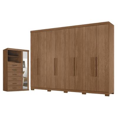 Guarda Roupa Casal Master New 8 Portas 4 Gavetas com Cômoda e Espelho Jatobá Acetinado Santos Andirá