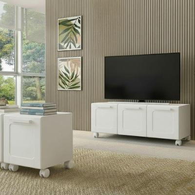 Rack e Mesa Lateral MULTI13 para Sala de Estar 105CM MDP com Rodízios Branco Bertolini
