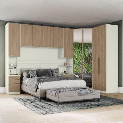 Quarto Modulado Bellagio 10 Portas 9 Gavetas MDP 354CM Bege Casa 812 com Roupeiro e Mesas e Ponte