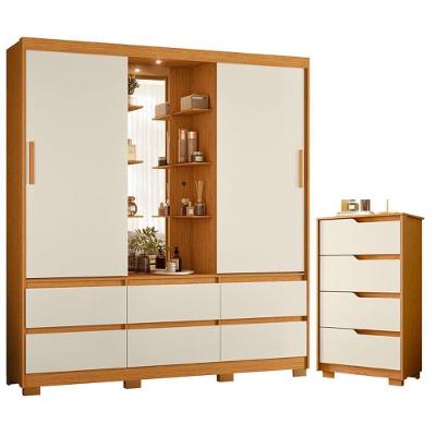 Guarda Roupa Solteiro Atena 2 Portas de Correr com Espelho e Cômoda 6 Gavetas Cinamomo Off White