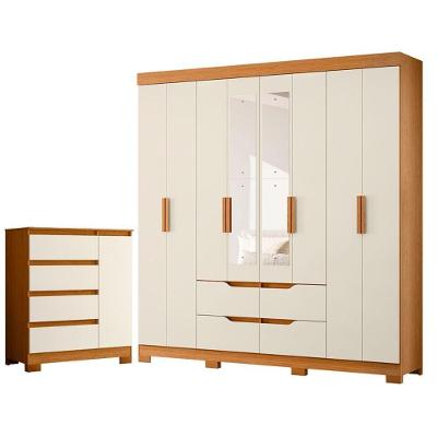 Guarda Roupa Casal Olimpia 8 Portas de Bater com Espelho e Cômoda 4 Gavetas MDP Cinamomo Off White