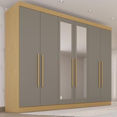 Guarda Roupa Casal CRSAL-GRP 6 Portas de Correr 6 Gavetas MDF com Espelhos Madeirado-cinza