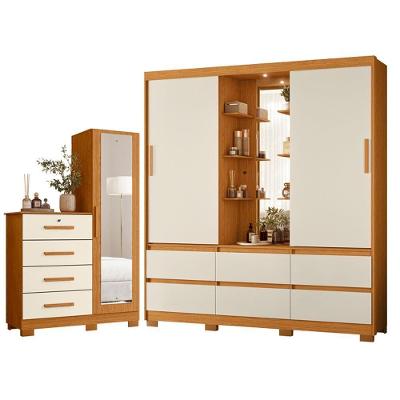 Guarda Roupa Solteiro Atena 2 Portas de Correr com Espelho e Cômoda 6 Gavetas MDP Cinamomo Off White