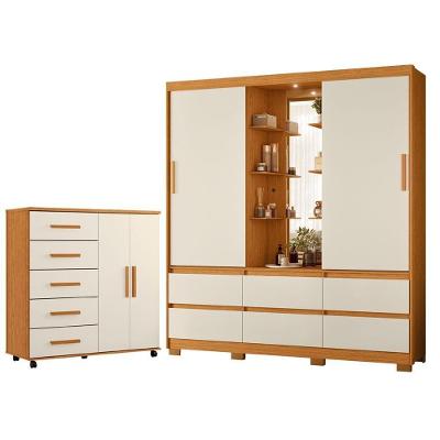 Guarda Roupa Solteiro Atena 2 Portas de Correr com Espelho e Cômoda 6 Gavetas Cinamomo Off White