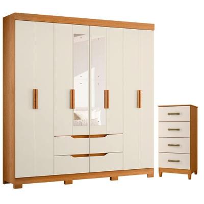Guarda Roupa Casal Doble 8 Portas de Bater com Espelho e Cômoda MDP Cinamomo Off White Albatroz