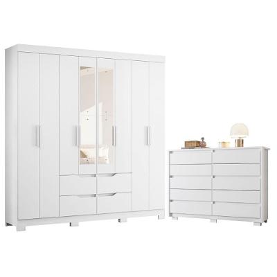 Guarda Roupa Casal Doble 8 Portas de Bater com Espelho e Cômoda 4 Gavetas MDP Branco Albatroz Móveis