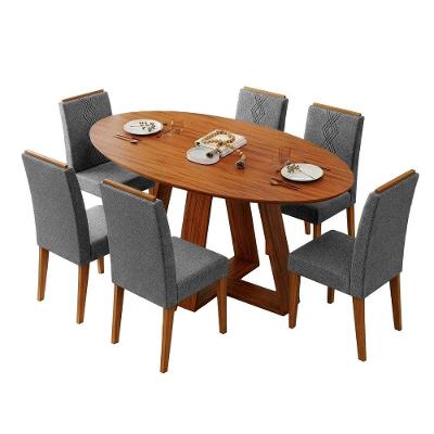 Conjunto Sala de Jantar Vick 6 Lugares Tampo MDF Oval Base em X Cadeiras Tati Linho Madeirado