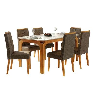 Conjunto Sala de Jantar Mesa Tampo em Vidro 1,60m Mel 6 Lugares MDF com Cadeiras Tati Marrom DJ