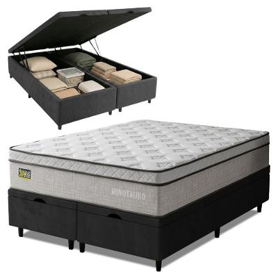 Cama Box com Baú Queen Minotauro Ortopédico D33 Euro Pillow Colchão Jacquard Linho Branco e Preto