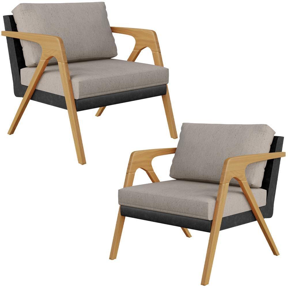 Kit 02 Poltronas L02 Couríssimo Preto Linho Bege - 1