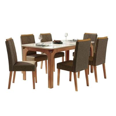 Conjunto Sala de Jantar Mesa Tampo em Vidro 160CM Mel 6 Lugares Cadeiras Tati Marrom DJ Móveis