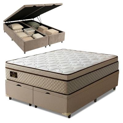 Cama Box com Baú King Inglaterra Premium Euro Pillow Molas Ensacadas Bege Branco Gazin Colchões