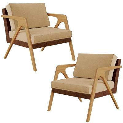 Kit 2 Poltronas Pietra L02 Couríssimo Linho Marrom Bege Lyam Decor