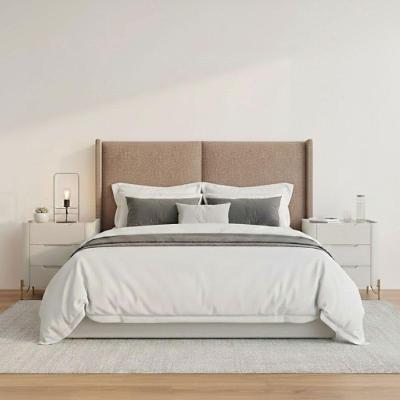 Cabeceira Queen Estofada com 2 Mesas 100% MDF Linho Philips Amêndoa e Luna com Dourado Casa Lar Shop