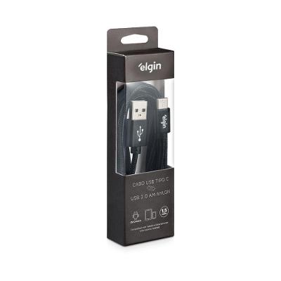 Cabo USB-C Nylon USB 2.0 Tipo C para Android Sincronização Dados e Recarga Preto Elgin 1,5M