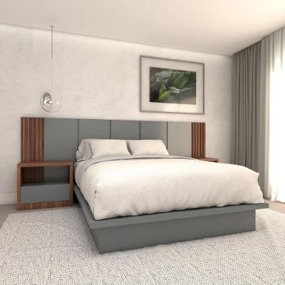 Cabeceira Painel Queen 3,0m e 2 Mesas Gaveta e Nicho MDF Nogueira Cadiz com Cinza Sagrado