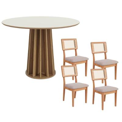 Conjunto de Jantar Mesa Redonda 4 Lugares MDF Freijó com Off White e Bege Rústico 105CM Dalla Costa