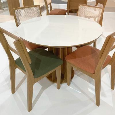 Conjunto de Jantar Mesa Redonda 4 Lugares Tampo MDF Tela Palha Freijó com Off White Verde