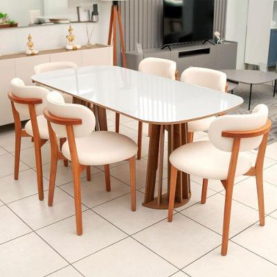 Conjunto 6 Lugares Tampo Vidro Mesa 1,80m Retangular Cadeiras Madeira Natural Off White com Mel