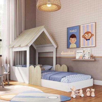 Cama Infantil Montessoriana Casinha com Proteção MDP Branco com Carvalho Araguaia Completa Móveis