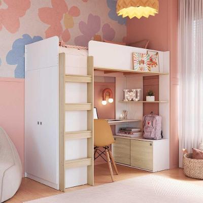 Cama Infantil com Guarda Roupa Balcão e Escrivaninha 2 Portas MDP 196,2CM Branco com Carvalho