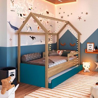 Cama Infantil Montessoriana Estilo Casinha com Cama Auxiliar Aveiro Oak com Azul Secreto