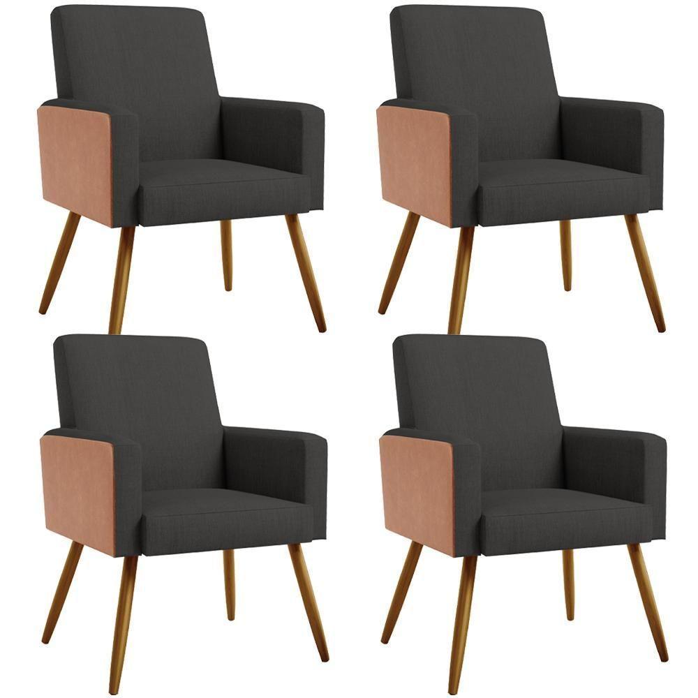 Kit 04 Poltronas Pés Palito Linho Chumbo Couríssimo Camel - 1