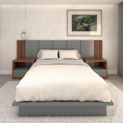 Cama Box Queen Cama e Cabeceira com 2 Mesas Laterais MDF Sob Medida Nogueira Cadiz com Cinza Sagrado
