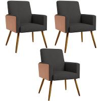 Kit 03 Poltronas Pés Palito Linho Chumbo Couríssimo Camel - 1