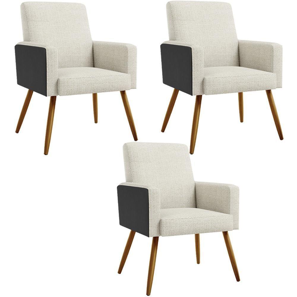 Kit 03 Poltronas Pés Palito Linho Champagne Couríssimo Preto - 1