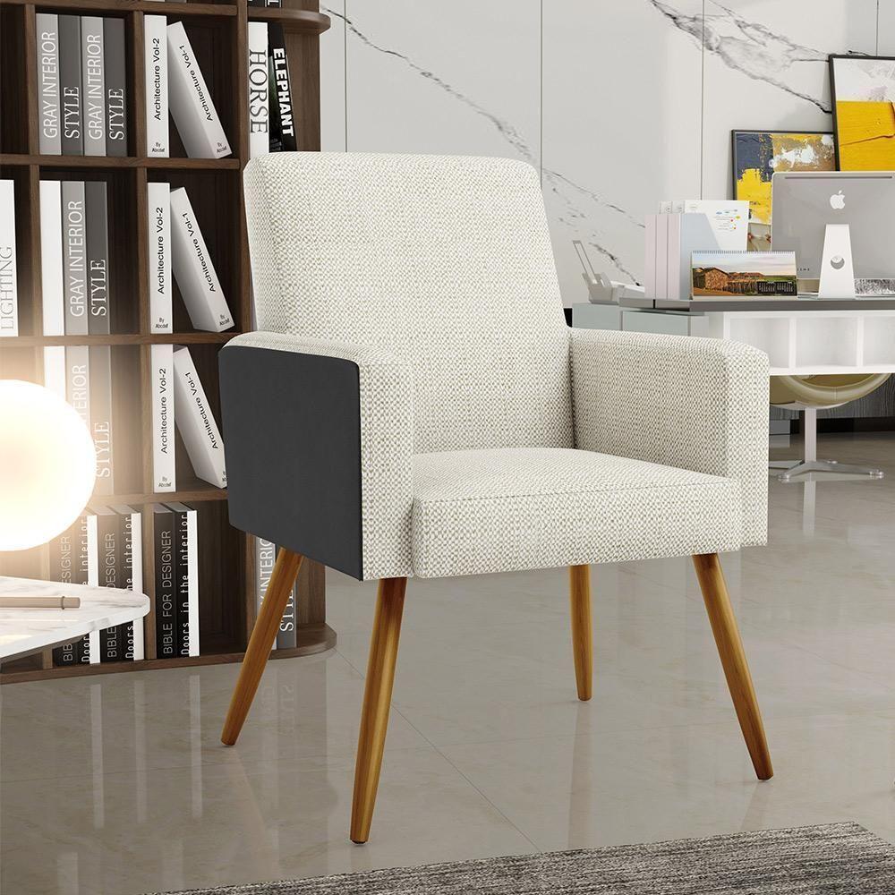 Kit 03 Poltronas Pés Palito Linho Champagne Couríssimo Preto - 8