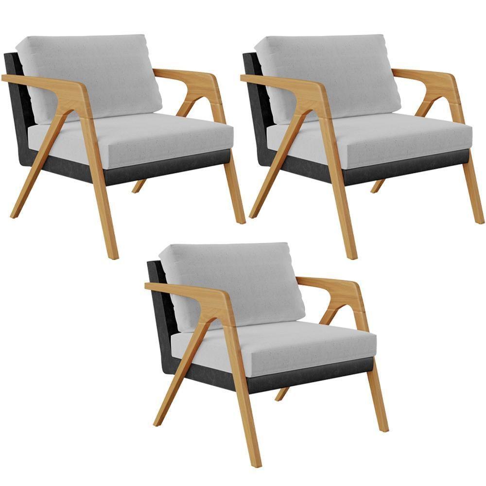 Kit 03 Poltronas Pietra L02 Couríssimo Preto Linho Cinza - 1