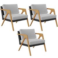 Kit 03 Poltronas Pietra L02 Couríssimo Preto Linho Cinza - 1