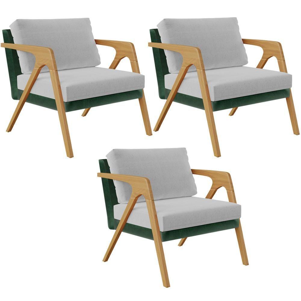 Kit 03 Poltronas Pietra L02 Facto Verde Musgo Linho Cinza - 1