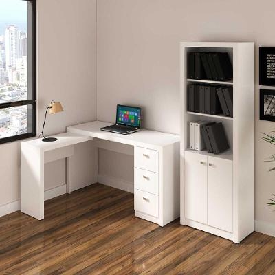 Kit para Escritório Mesa em l e Estante 2 Portas 3 Gavetas MDP Branco Tecno Mobili