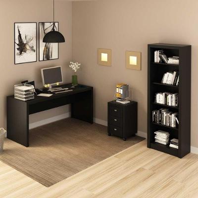 Kit para Escritório com Mesa Gaveteiro Estante 5 Nichos 3 Gavetas MDP Preto Tecno Mobili