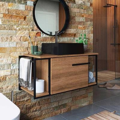 Gabinete para Banheiro com Cuba Ametista e 2 Nichos 80cm Suspenso 1 Porta Basculante MDP Preto