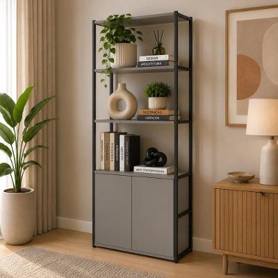 Estante Industrial Metal C- Prateleira e Armário Cinza S F5 3 Nichos MDF-MDP Cinza Sagrado com Preto
