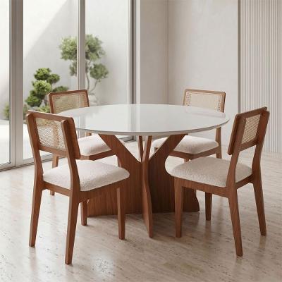 Conjunto Mesa Sala de Jantar Redonda 4 Lugares Tampo MDF Freijó com Off White e Cesare Escuro Dalla
