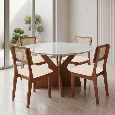 Conjunto Mesa Sala de Jantar Redonda 4 Lugares Tampo MDF Freijó com Off White e Bege Rústico Dalla