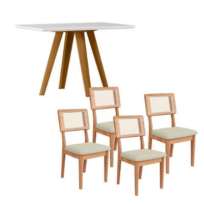 Conjunto Mesa de Jantar C Tampo de Vidro 4 Lugares MDF Off White com Freijó e Cesare Escuro