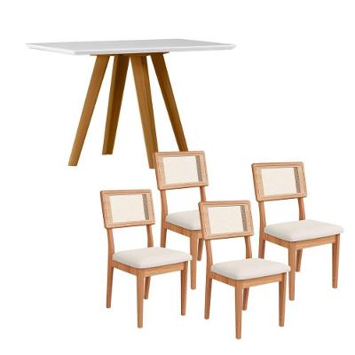 Conjunto Mesa de Jantar C Tampo de Vidro 4 Lugares MDF Off White com Freijó e Cesare Claro