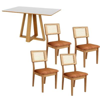 Conjunto Mesa de Jantar 4 Lugares Tampo MDF Off White com Freijó com Cadeiras Estofadas