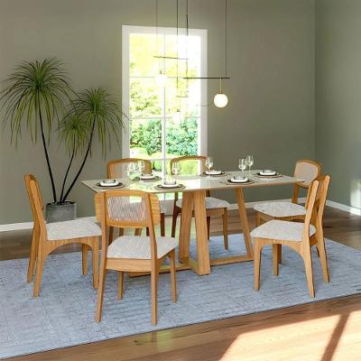 Conjunto Sala Jantar 6 Lugares MDF Off White com Freijó e Tweed Claro 180CM