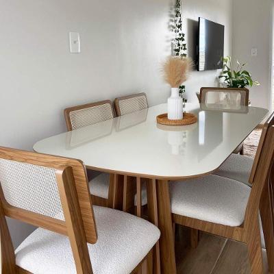 Conjunto Mesa 6 Lugares Tampo em Vidro 1,80M Freijó com Off White e Cesare Claro Dalla Costa