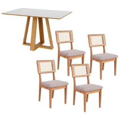 Conjunto Mesa 135CM 4 Lugares MDF Estofadas Off White com Freijó e Bege Rústico Dalla Costa Móveis