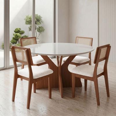 Conjunto Mesa Sala de Jantar Redonda 4 Lugares Tampo MDF Freijó com Off White 135CM