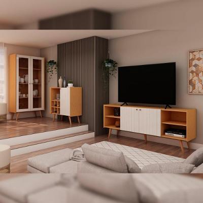 Conjunto Sala de Estar Rack Cristaleira Buffet Adega 2 Portas 100% MDF Cinamomo com White Laca