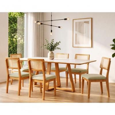 Conjunto Mesa Jantar 6 Lugares MDF Off White com Freijó e Bouclé Cesare Escuro 180CM