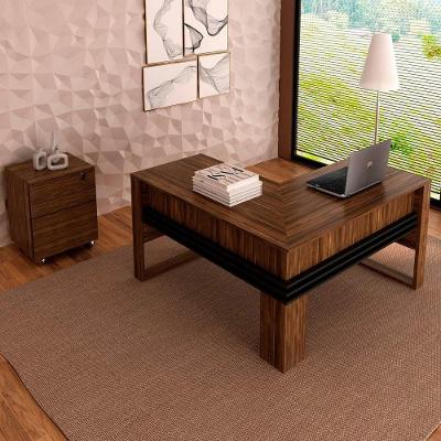 Conjunto para Escritório com Mesa em l e Gaveteiro com Chave 3 Gavetas MDP Nogal com Preto Tecno